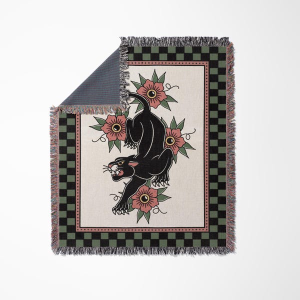Pink Checkered Panther Tattoo Woven Blanket - Traditional Flash, Tattoo Home Decor, Goth Woven Blanket Elder Emo Gift, Tattoo Home Decor