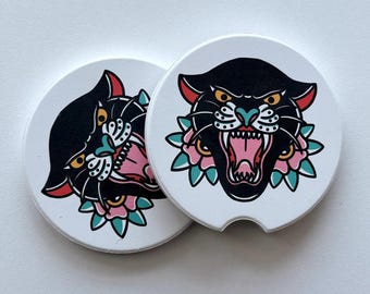 Tattoo Panther Car Coasters, Soapstone Car Coasters, Cup Holder Coasters, Car Accessories, Coaster Gift Set, New Car Gift Idea, Tattoo Flash
