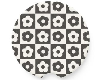 Daisy Checkered Car Coasters - Soapstone Car Coasters, Cup Holder Coasters, Car Accessories, Coaster Gift Set, New Car Gift,Boho Car Coaster
