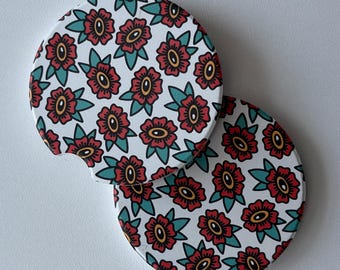 Traditional Floral Car Coasters - Soapstone Car Coasters, Cup Holder Coasters, Car Accessories, Coaster Gift Set, New Car Gift, Tattoo Flash