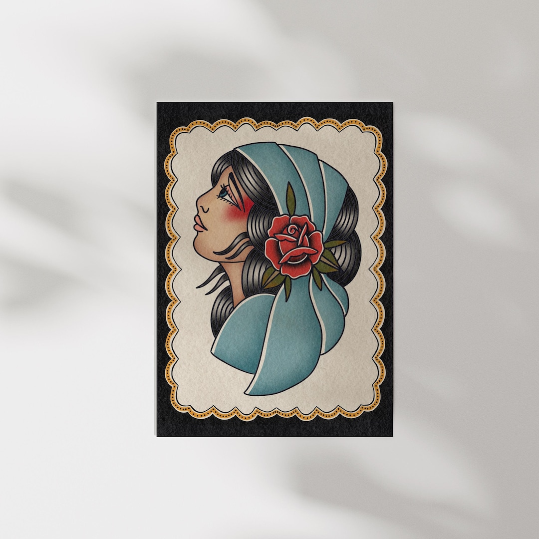 Traditional Lady Head - American Traditional Tattoo Art Print - Etsy