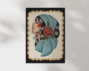 Traditional Lady Head - American Traditional Tattoo Art Print