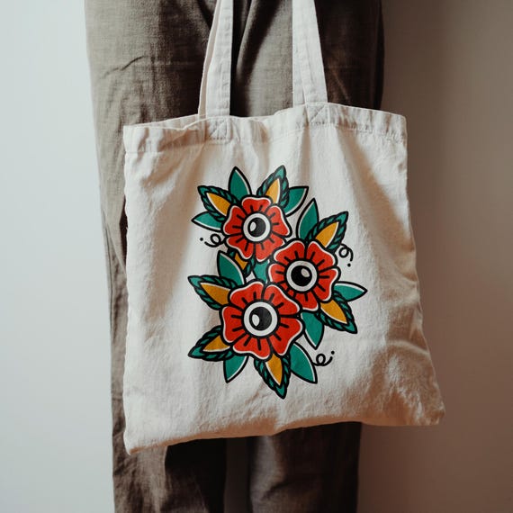Old School Flowers Cavas Tote Bag - Tattoo Tote Bag, Classic