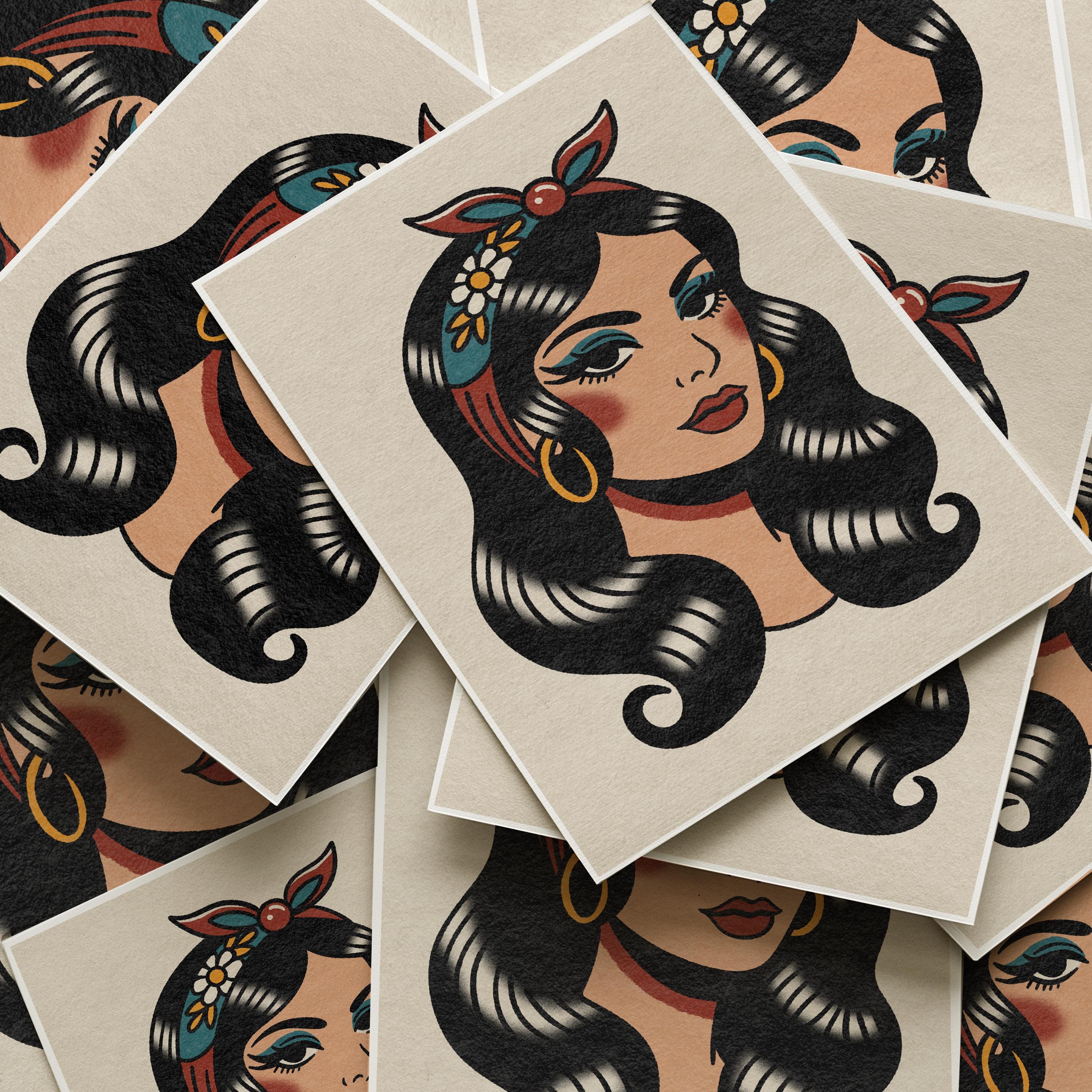 American Traditional Lady Head Tattoo Art Print - Tattoo Flash, Tattoo ...