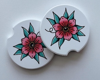 Old School Flower Car Coasters - Soapstone Car Coasters, Cup Holder Coasters, Car Accessories, Coaster Gift Set, New Car Gift, Tattoo Flash