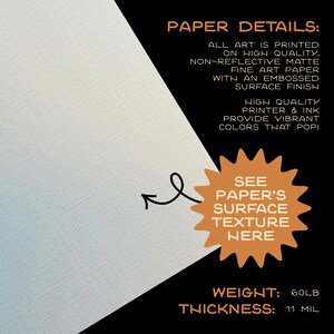 May include: Image showing paper details. The text states the art is printed on high-quality, non-reflective matte fine art paper with an embossed surface finish. The paper weight is 60lb and the thickness is 11 mil.
