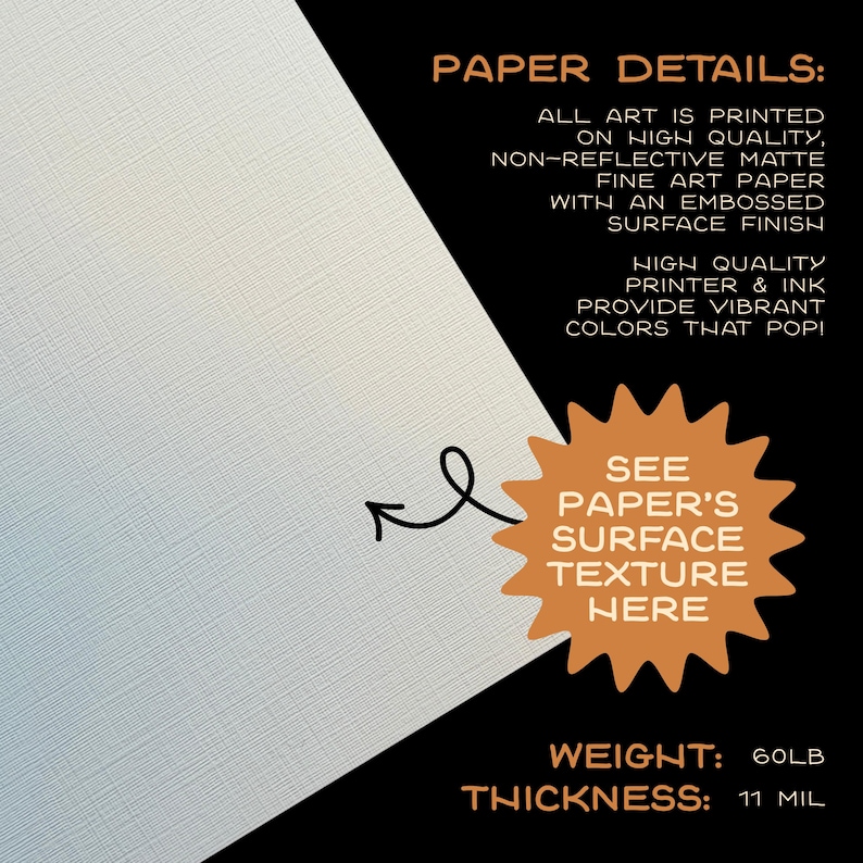 May include: Image showing paper details. The text states the art is printed on high-quality, non-reflective matte fine art paper with an embossed surface finish. The paper weight is 60lb and the thickness is 11 mil.