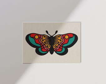 Traditional Moth Art Print - Trad Tattoo, Alt Decor, Old School Tattoos, Sailor Jerry Inspired Tattoo Art Print UNFRAMED