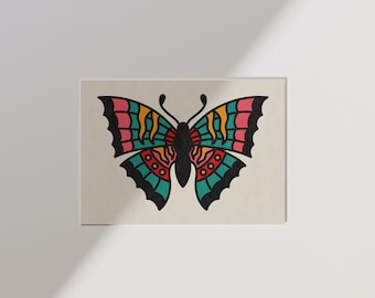 Traditional Butterfly Art Print - Trad Tattoo, Alt Decor, Old School Tattoos, Sailor Jerry Inspired Tattoo Art Print UNFRAMED