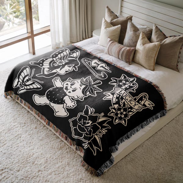 American Traditional Tattoo Woven Blanket - Traditional Flash Sheet, Tattoo Home Decor, Goth Woven Blanket Elder Emo Gift, Tattoo Home Decor