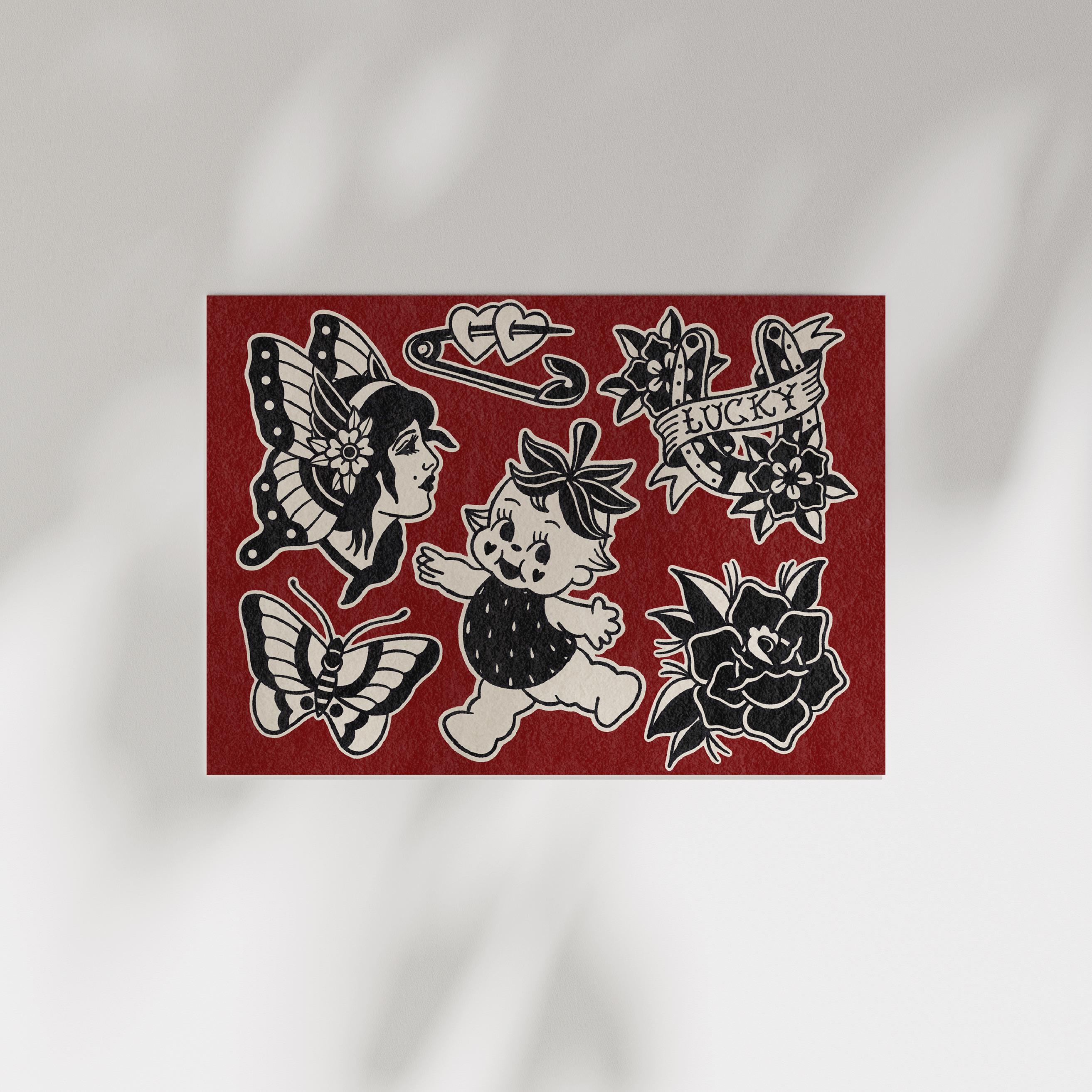 Traditional Tattoo Flash Sheet Art Print - Classic Flash, Trad Tattoo ...