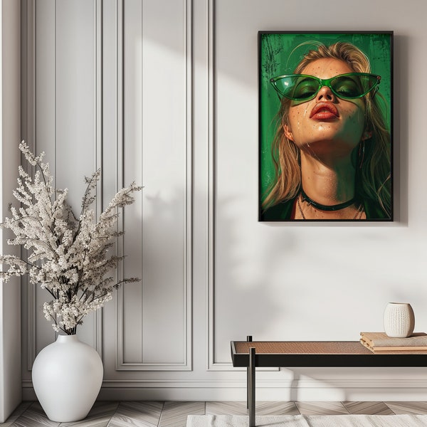 Emerald Enigma - Glamorous Woman with Green Cat-Eye Sunglasses, Bold & Edgy Fashion Wall Art, Perfect for Modern Home Decor - Poster