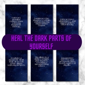 May include: Six dark blue and purple motivational quote cards with a starry night sky background. The text on the cards reads: "I attract genuine connections with my magnetic energy." "I embrace the shadows within, enhancing my mysterious charm." "I attract love, abundance, and opportunities effortlessly." "I radiate a magnetic field that draws in what aligns with my desires." "My allure is a dance of light and shadow, creating a mesmerizing effect." "I magnetize success and prosperity into every aspect of my life." The cards also include the text "HEAL THE DARK PARTS OF YOURSELF".