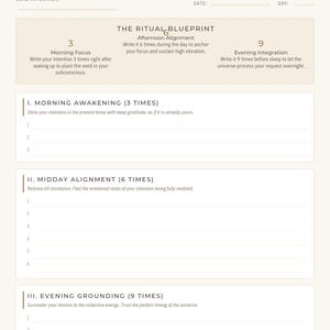 Pode incluir: Uma página de diário de manifestação bege intitulada 3 6 9 MANIFESTATION com seções para intenção principal, data e dia. Inclui The Ritual Blueprint com instruções para exercícios de escrita de manhã, tarde e noite, além de linhas numeradas.