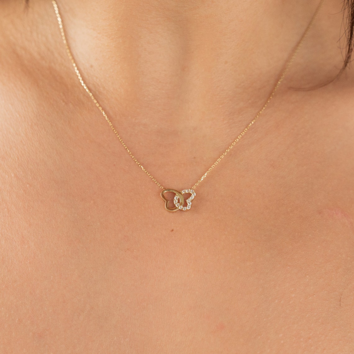 Double Heart Necklace 14k Solid Gold, Gold Heart Necklace, Dainty Heart