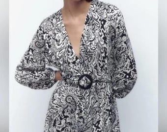 Zara Black and White Paisley Wrap Dress with Belt
