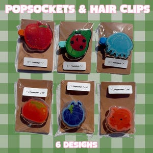 May include: An assortment of six popsocket and hair clip designs. The image features an apple, avocado, jellyfish, tomato, blueberry, and orange-shaped accessories. Each item is packaged on a brown card with a label. The text "POPSOCKETS & HAIR CLIPS" and "6 DESIGNS" are visible.