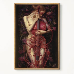 Lady Violin Frisson Art, Gothic Dark Victorian Wall Art, Dark Transmissions, Violin Oil Painting,Woman Laying Between Florals Violin as Ribs