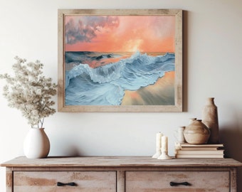 May include: A framed painting of a seascape with a dramatic sunset sky and crashing waves. The painting is in a light wood frame and is hanging on a white wall.