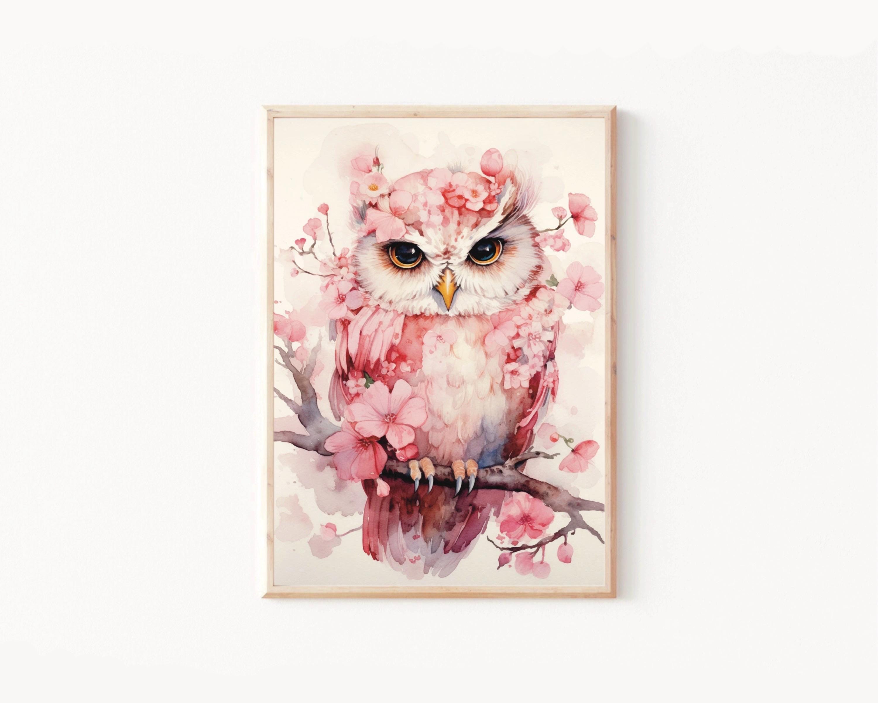 Cherry Blossom Owl Art Print, Pink Owl Wall Art, Elegant Owl Wall Art, Whimsical Floral Watercolor O