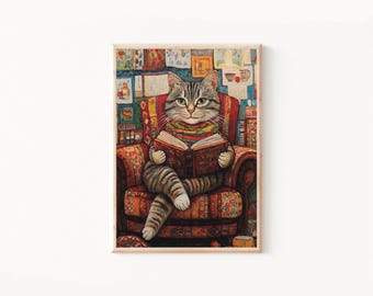 Grey Tabby Cat Reading a Book Art Print, Librarian Grey Tabby Cat Poster, Cats Reading Books, Study Room Art,Reading Room Art,Book Lover Art
