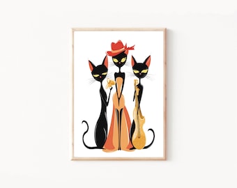 Chices Katzen Jazz Trio Kunstdruck, Vintage Jazz Poster, Retro Musik Wandkunst, Coole Katzen Dekoration, Mid Century Kunst,Musiker Geschenk,Katzen Swing Band