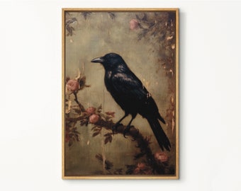 Raven's Reverie A Rose Affair Oil Painting, Victorian Raven Oil Painting, Raven Artwork, Gothic Wall Art, Rose Gothic Art, Raven Rose Art