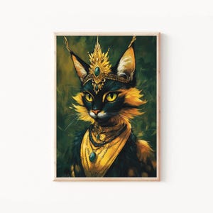 Alte ägyptische Katze, elegante Pharao-Katzenkunst, Göttin Bastet-Katze, die eine ägyptische Skarabäus-Krone trägt, dunkles Academia heidnisches Katzen-Plakat