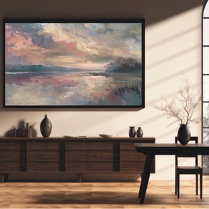 Sunrise Lakeside reflecties olieverfschilderij, suikerspin Sky Art, Lake decor, roze Sunrise decor, Lake House artwork, kust decor Art Print