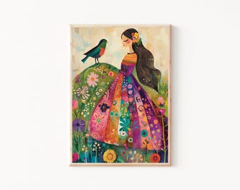 May include: A colorful illustration of a woman in a floral dress standing in a field of flowers. A small blue bird is perched on a branch near her.