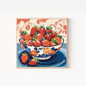 Bowl of Strawberries Art Print, Glazed Strawberry Wall Art, Strawberry Oil, Red Strawberries Art, Trendy Fresh Berry Fruit Art Kitchen Decor