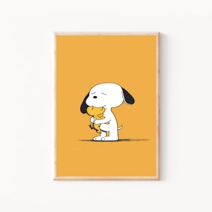 Minimalist Snoopy and Woodstock Hug Art Print,Cute Cartoon Animal Illustration,Simple Line Art Poster,Cartoon Puppy Wall Decor,Snoopy Lovers