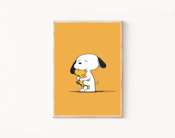 Minimalist Snoopy and Woodstock Hug Art Print,Cute Cartoon Animal Illustration,Simple Line Art Poster,Cartoon Puppy Wall Decor,Snoopy Lovers