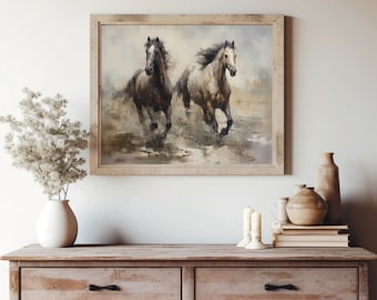 Wild Horses Art Print, Horses Running Free Oil Painting, Majestic Horses Art, Western Wild Horses,Rustic Artwork,Farmhouse Horse Art,Digital