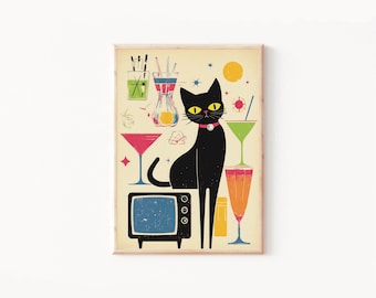 Martini Lounge Cat Art Print, Mid-Century Modern Cocktail Art, Retro Bar Print, Atomic Cat Decor, Vintage Lounge Wall Art, 1950s Martini Art