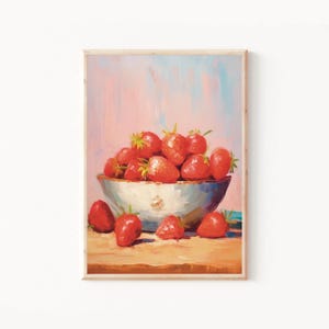 Watercolor Strawberries Art Print, Bowl of Strawberries, Vintage Strawberry Oil Painting, Rustic Kitchen Art, Berry Fruit Art Kitchen Decor