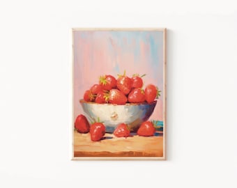 May include: A painting of a white bowl filled with red strawberries on a wooden table. The background is a soft pink and blue.