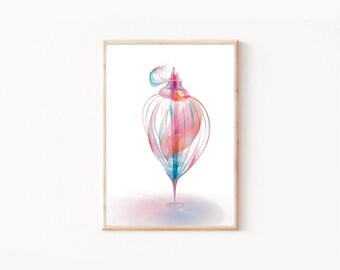 Pode incluir: Uma pintura em aquarela de uma forma geométrica abstrata e colorida que se assemelha a uma concha. A forma é representada em tons de rosa, azul e roxo, com um design delicado e intrincado.