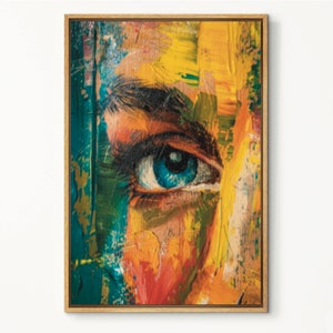 Abstract Blue Eye Oil Painting, Rustic Printable Art, Closeup Eye Paint Oil Style, Wall Art Painting, Yellow and Green Colors Wall Decor