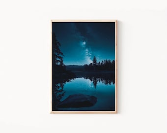 Starry Night Reflection Art Print, Milky Way Art Print, Celestial Lake Poster, Tranquil Nature Wall Art, Midnight Sky Photography,Galaxy Art