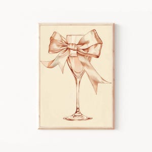 Rosa Seidenschleife Champagner Glas Wand Kunst Druck, Kokette Rosa Schleife Ästhetischer Kunstdruck, Girly Feminine Preppy Wohnheim Raum Dekor, Pink Cocktail Kunst