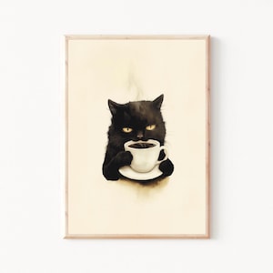Grumpy Cat Drinking Black Coffee Art Print, Funny Cat Wall Art for Kitchen, Quirky Wall Art for Cafe Decor, Black Cat Art,Coffee Shop Poster