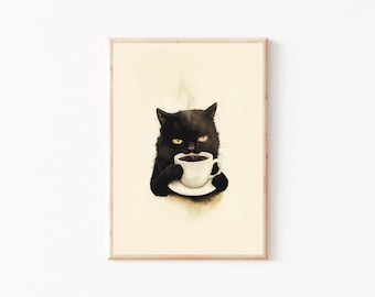 黒猫アート おもしろ猫プリント 不機嫌な猫プリント コーヒーを飲む猫