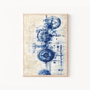May include: A blue and white abstract print featuring a series of overlapping gears and cogs. The print is on a textured background and has a vintage feel.