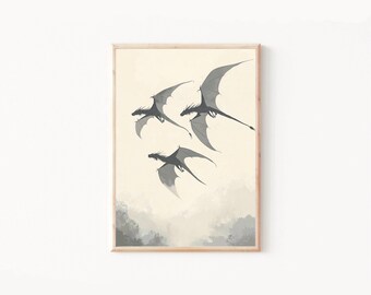 Flying Dragons Art Print, Minimalist Dragon Art Print, Monochrome Dragon Illustration,Dark Fantasy Aesthetic,Medieval Mythical Creatures Art