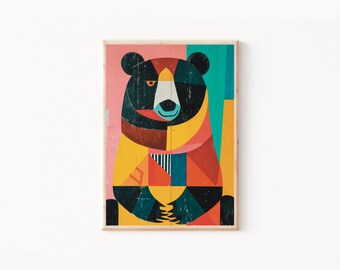 Geometric Bear Wall Art Print, Colorful Abstract Animal Print, Modern Boho Bear Illustration, Bold Mid-Century Decor, Playful Wildlife Art