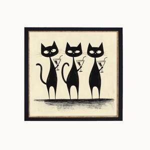 Chic Noir Black Cats Cocktail Martini Art, Bar Cart Decor, Cat Poster, Retro Kitchen Decor, Mid Century Modern Art, Cat Dining Room Print