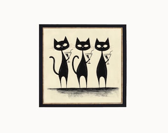 Chic Noir Black Cats Cocktail Martini Art, Bar Cart Decor, Cat Poster, Retro Kitchen Decor, Mid Century Modern Art, Cat Dining Room Print