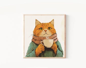 Orange Tabby's Tea Break Art Print, Vintage Cat Illustration, Whimsical Tea Time Art,Mid-Century Style Cat Print,Cozy Hand-Drawn Cat Artwork