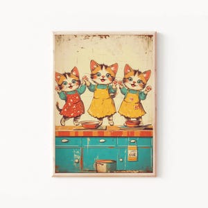 50s Baker Cats, Dancing Kittens in Aprons Art, Kittens in the Kitchen Poster, Vintage Cat Art Print, Retro Kitchen Decor, Retro 50s Cats Art